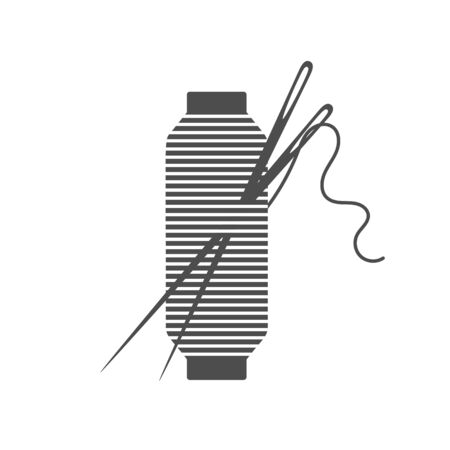 Needle and spool silhouette icon vector illustration. Black bobbin silhouette with outline needle and thread isolated on white background. Machinery spool instrument, fashion tailor  graphicのイラスト素材