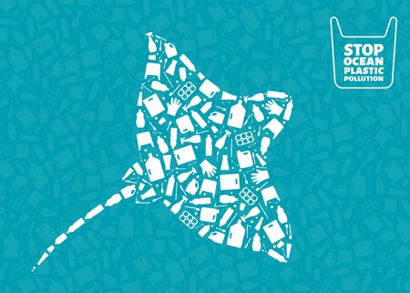 Microplastic trash planet pollution concept vector illustration. Ray marine fish outline filled with plastic trash flat icons. Single use plastic ecology crisis, marine animal life damage banner.のイラスト素材