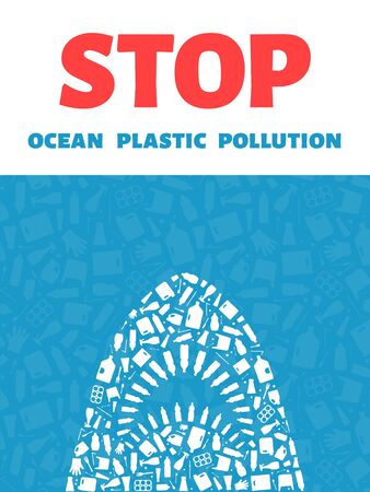Stop ocean plastic pollution concept vector illustration. Killer shark outline filled with plastic waste icons. Underwater wildlife danger concept, global environmental problem banner.のイラスト素材