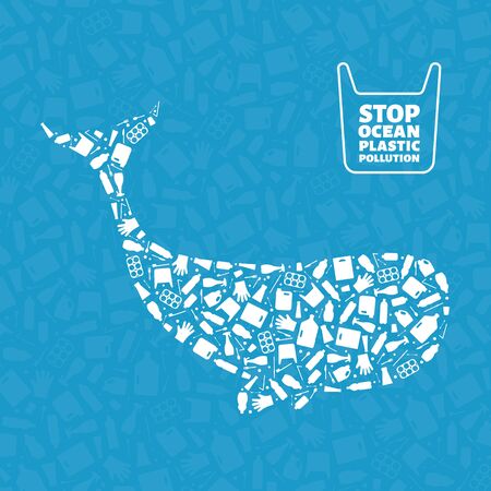Plastic trash planet pollution concept vector illustration. Whale ocean mammal outline filled with plastic waste flat icons. Environmental protection concept, microplastic pollution problem graphicのイラスト素材