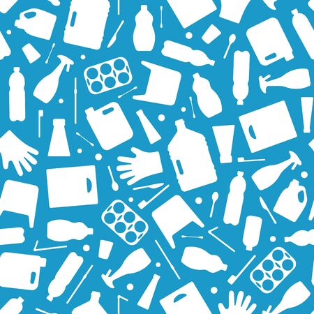 Plastic waste, ocean pollution seamless pattern vector illustration. Eco problem water pollution trash symbol seamless background. Earth day wallpaiper with single use plastic garbage outline iconsのイラスト素材