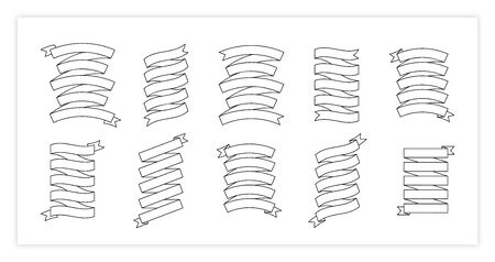 Blank label ribbon vector set illustration. Collection of different shapes black line ribbons and curved labels with empty spaces for message, isolated on white background for special offer marketingのイラスト素材