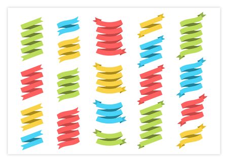 Flat ribbon banner vector set illustration. Colorful flat curved shape ribbons, scroll flags or curled labels with blank space for message, isolated on white background for premium offer advertisingのイラスト素材