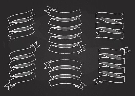 Chalk outline ribbon banner vector set illustration. White chalk style curved shape ribbons, scroll flags or curled labels with blank space for message, isolated on blackboard for premium offerのイラスト素材