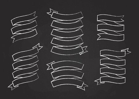 Chalk stroke ribbon banner vector set illustration. White chalk style curved shape ribbons, scroll flags or curled labels with blank space for message, isolated on blackboard for offer advertisingのイラスト素材