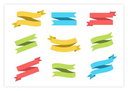 Blank label ribbon vector set illustration. Colorful flat curved shape ribbons, scroll flags or curled labels with blank space for message, isolated on white background for special price promotionのイラスト素材
