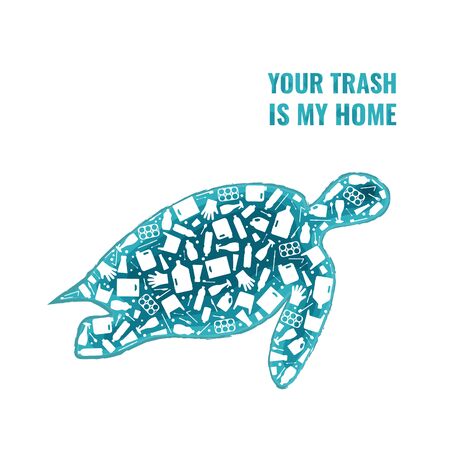 Plastic trash planet pollution concept vector illustration. Turtle marine reptile silhouette filled with plastic garbage flat icons. Ocean pollution ecology concept, marine animal life damage banner.のイラスト素材