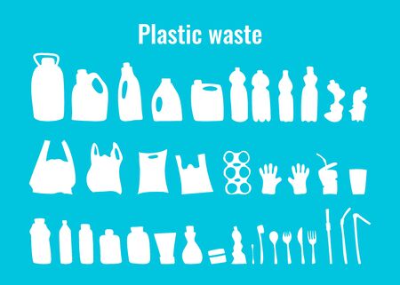 Plastic containers and single use dishes set vector illustration. Plastic waste problem symbol collection. Used plastic package, dishes and containers outline icons for earth day pollution conceptのイラスト素材