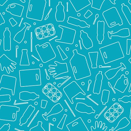 Plastic waste, ocean pollution seamless pattern vector illustration. Eco problem water pollution trash contour symbol seamless background. Earth day wallpaiper with single use plastic garbage iconsのイラスト素材