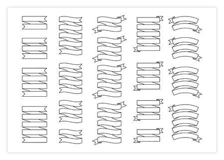 Blank label contour ribbon vector set illustration. Big collection of different shapes black outline ribbons and curved labels with empty space for message, isolated on white backgroundのイラスト素材