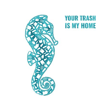 Plastic waste ocean environment problem concept vector illustration. Seahorse ocean fish outline filled with plastic waste flat icons. Sustainable lifestyle, underwater wildlife danger concept.のイラスト素材