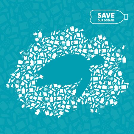 Stop ocean plastic pollution concept vector illustration. Turtle marine reptile silhouette cut in plastic garbage flat icon patch. Global environmental problem banner, ocean pollution ecology concept.のイラスト素材