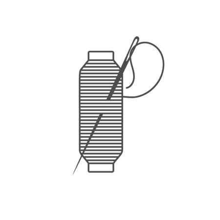 Needle and spool silhouette icon vector illustration. Black bobbin silhouette with outline needle and thread isolated on white background. Machinery spool instrument, fashion tailor logo graphicのイラスト素材
