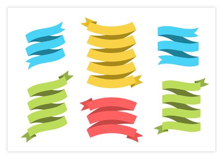 Blank label ribbon vector set illustration. Vintage design curly ribbon labels and curved scroll flags or sticker banners with blank space for premium offer advertising, holiday celebration marketingのイラスト素材