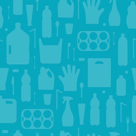 Plastic waste, ocean pollution seamless pattern vector illustration. Eco problem water pollution trash silhouette symbol seamless background. Earth day wallpaiper with single use plastic garbage iconsのイラスト素材
