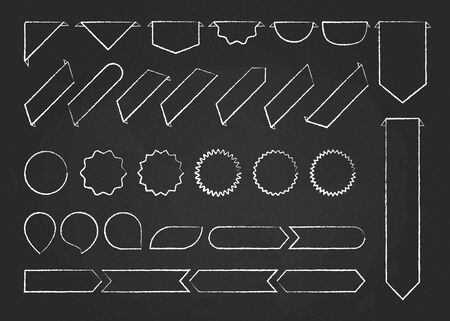 Chalk outline ribbon labels vector collection illustration. Chalk style white curved shape ribbons, tags, bookmarks or curled labels with blank space for message, isolated on blackboardのイラスト素材