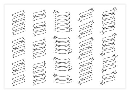 Blank label outline ribbon vector set illustration. Black line curved shape ribbons, scroll flags or curled label with blank space for message, isolated on white background for special price promotionのイラスト素材