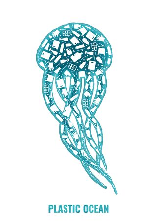 Plastic trash planet pollution concept vector illustration. Jellyfish marine animal silhouette filled with plastic garbage flat icons. Ocean pollution ecology concept, marine animal life damageのイラスト素材