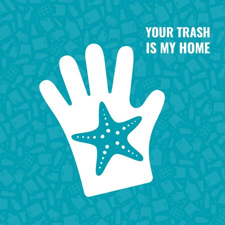 Stop ocean plastic pollution concept vector illustration. Starfish outline ocean animal inside plastic glove flat icon. Underwater wildlife danger concept, global environmental problem banner.のイラスト素材