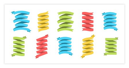 Flat ribbon banner vector set illustration. Big collection of different shapes color ribbon and curved label with empty space for message, isolated on white background for website business promotionのイラスト素材