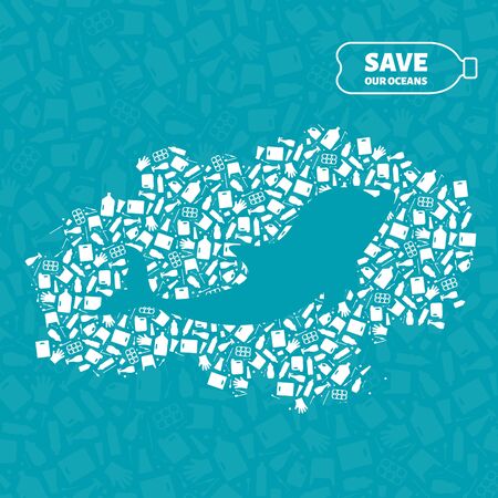 Plastic waste ocean environment problem concept vector illustration. Dolphin marine mammal silhouette cut in plastic trash flat icon spot. Sustainable lifestyle graphic, zero waste concept.のイラスト素材