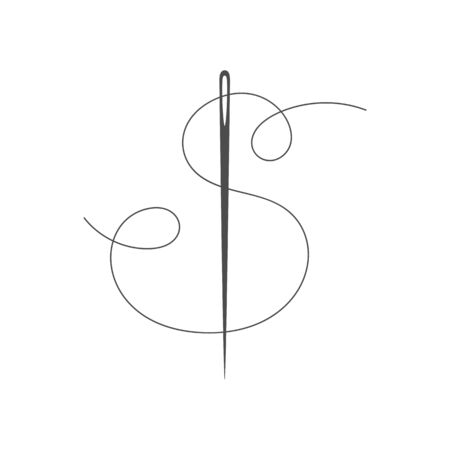 Needle and thread silhouette icon vector illustration. Tailor  with needle symbol and curvy thread isolated on white background. Handmade craft symbol, tailor equipment, needlework skillのイラスト素材