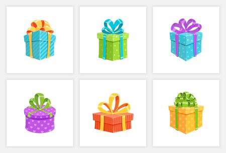 Birthday gift box or surprise present collection isolated vector illustration. Set of cartoon giftboxes with colorful wrapping paper and cute ribbon bows. Christmas gift package or prize box designのイラスト素材