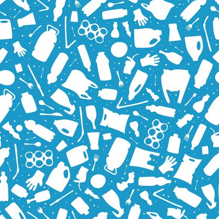 Plastic waste, ocean pollution seamless pattern vector illustration. Eco problem water pollution trash contour symbol seamless background. Earth day wallpaiper with single use plastic garbage iconsのイラスト素材