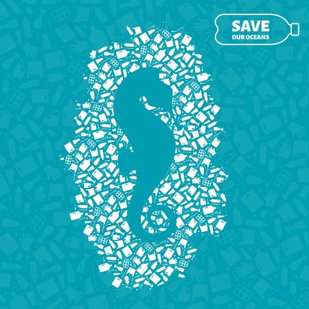 Plastic trash planet pollution concept vector illustration. Seahorse marine fish silhouette cut in plastic garbage flat icon patch. Prevent ocean pollution ecology concept, marine animal life damageのイラスト素材