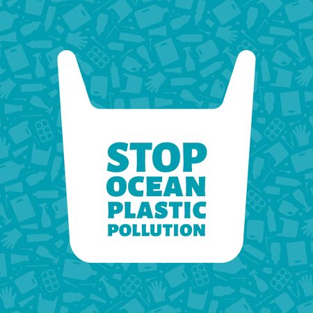Stop ocean plastic pollution concept vector illustration. Single use plastic bag with sign on trash background Prevent ocean pollution ecology concept, sustainable lifestyle graphic.のイラスト素材