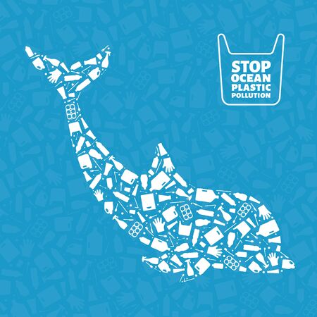 Plastic trash planet pollution concept vector illustration. Dolphin marine mammal outline filled with plastic trash flat icons. Single use plastic ecology crisis, marine animal life damage banner.のイラスト素材