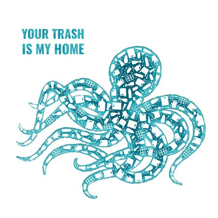 Stop ocean plastic pollution concept vector illustration. Octopus marine mollusc outline filled with plastic trash flat icons. Prevent ocean pollution ecology concept, sustainable lifestyle graphic.のイラスト素材
