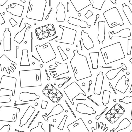 Plastic waste, ocean pollution seamless pattern vector illustration. Eco problem water pollution trash outline symbol seamless background. Earth day wallpaiper with single use plastic garbage iconsのイラスト素材