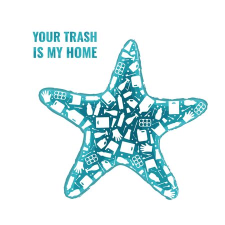 Plastic trash planet pollution concept vector illustration. Starfish ocean animal outline filled with plastic waste flat icon. Environmental protection concept, microplastic pollution problem graphicのイラスト素材