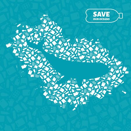 Plastic waste ocean environment problem concept vector illustration. Whale ocean mammal outline cut in plastic waste flat icon patch. Sustainable lifestyle graphic, underwater wildlife danger concept.のイラスト素材