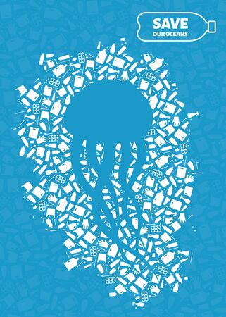 Plastic trash planet pollution concept vector illustration. Jellyfish marine animal silhouette cut in plastic trash flat icon spot. Single use plastic ecology crisis, marine animal life damage banner.のイラスト素材
