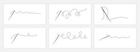 Needle and thread silhouette icon set vector illustration. Tailor  with needle symbol and curvy thread collection isolated on white background. Tailor  template, fashion icon elementのイラスト素材