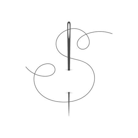 Needle and thread silhouette icon vector illustration. Tailor  with needle symbol and curvy thread isolated on white background. Handmade craft symbol, tailor equipment, needlework skillのイラスト素材