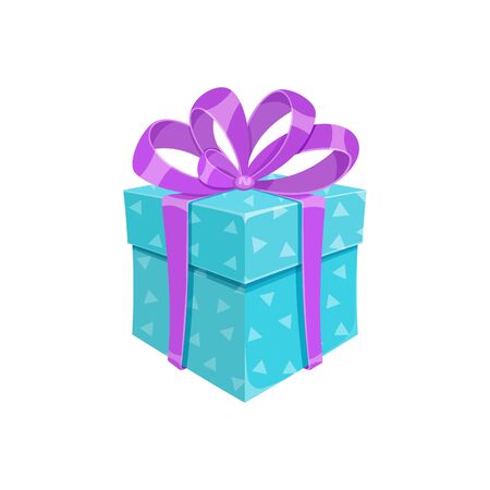 Birthday party or christmas gift box isolated vector illustration. Cartoon square giftbox with blue wrapping paper, violet ribbon and bow. Contest winner prize box or reward celebration gift packageのイラスト素材