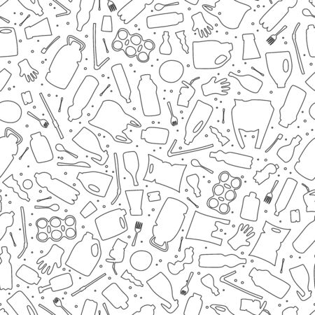 Plastic waste, ocean pollution seamless pattern vector illustration. Eco problem water pollution trash outline symbol seamless background. Earth day wallpaiper with single use plastic garbage iconsのイラスト素材