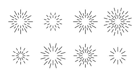 Star shape outline fireworks explosion pattern set. Black line star shaped firework pattern collection isolated on white background. Christmas festive graphic design, celebrate carnival decorationのイラスト素材