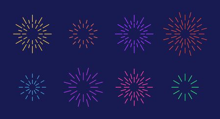 Celebration star fireworks burst pattern set. Flat colorful star shaped firework pattern collection isolated on blue background. New year celebration decoration, birthday party festive graphic designのイラスト素材