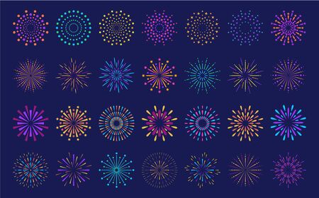 Abstract burst pattern fireworks set. Flat colorful star shaped firework geometric pattern collection isolated on blue background. Carnival celebration explosion, birthday party festive decoration,のイラスト素材