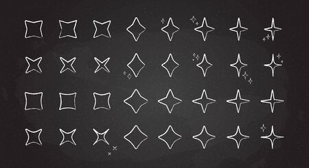 Abstract star twinkle pattern set. White chalk style starburst shine pattern collection isolated on blackboard. School carnival celebration fireworks explosion, birthday party festive decoration,のイラスト素材