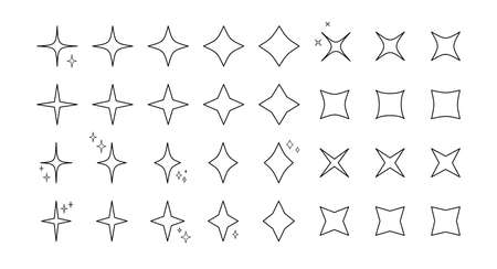 Star burst sparkle outline pattern icon set. Black contour star shaped twinkle pattern collection isolated on white background. Carnival celebration fireworks burst, birthday party festive decorationのイラスト素材