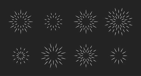 Chalk style star fireworks burst pattern set. White chalk line star shaped firework pattern collection isolated blackboard. New year celebration decoration, birthday party festive graphic designのイラスト素材