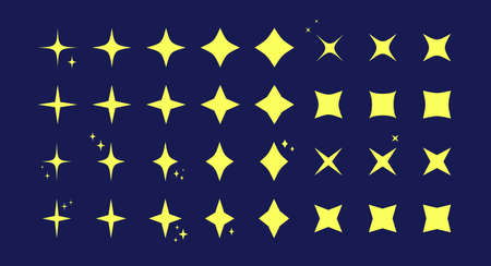 Star burst twinkle pattern icon set. Yellow star shaped sparkle pattern collection isolated on blue background. New year celebration decoration, birthday party festive graphic designのイラスト素材