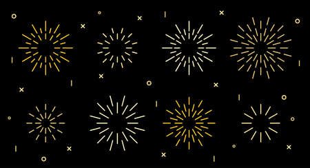 Sparkle star shape art deco fireworks burst pattern collection. Gold star shaped firecracker pattern collection isolated on black background with rays and trails. Carnival celebration fireworks burstのイラスト素材