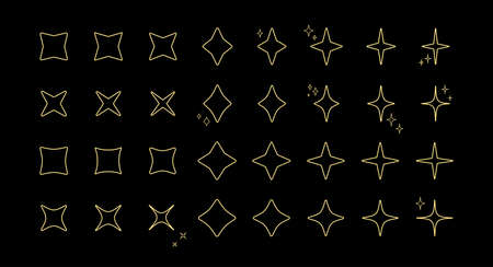Celebration star sparkle gold contour pattern set. Art deco star twinkle shaped outline pattern collection isolated on black background. New year celebration decoration, birthday party festive graphicのイラスト素材