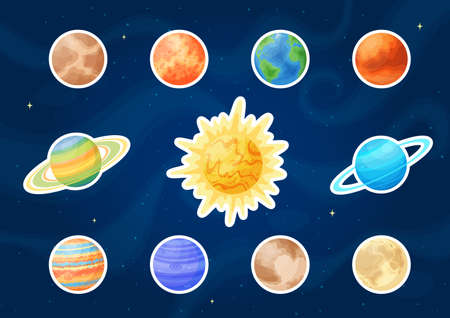 Cartoon sun and solar system planets stickers setのイラスト素材